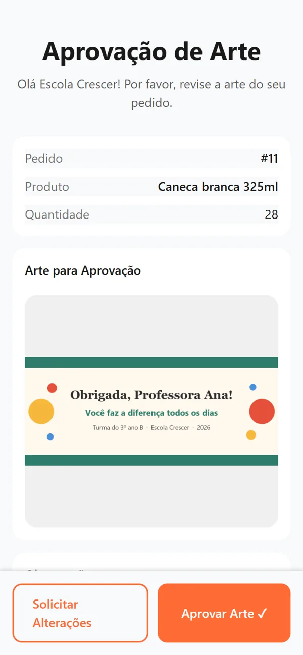Tela do aplicativo Ardaggio Flow: arte enviada ao cliente para aprovação pelo link