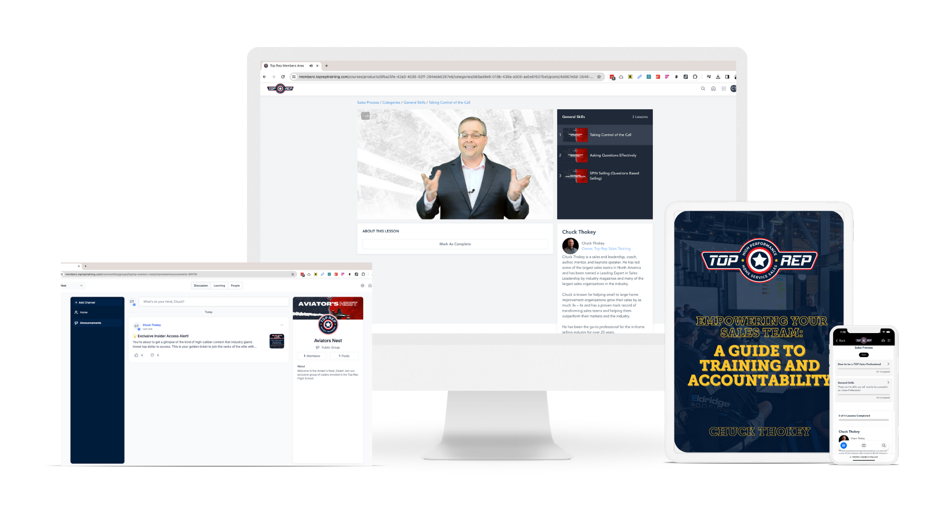 A desktop computer, phone, and tablet all displaying the same website on their screens, showcasing responsive design.
