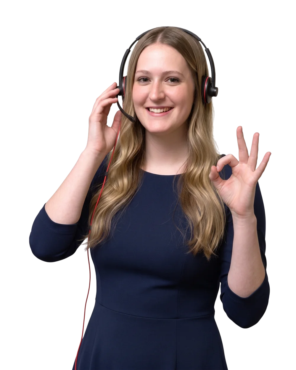 Jill's Office receptionist on a headset giving an OK sign