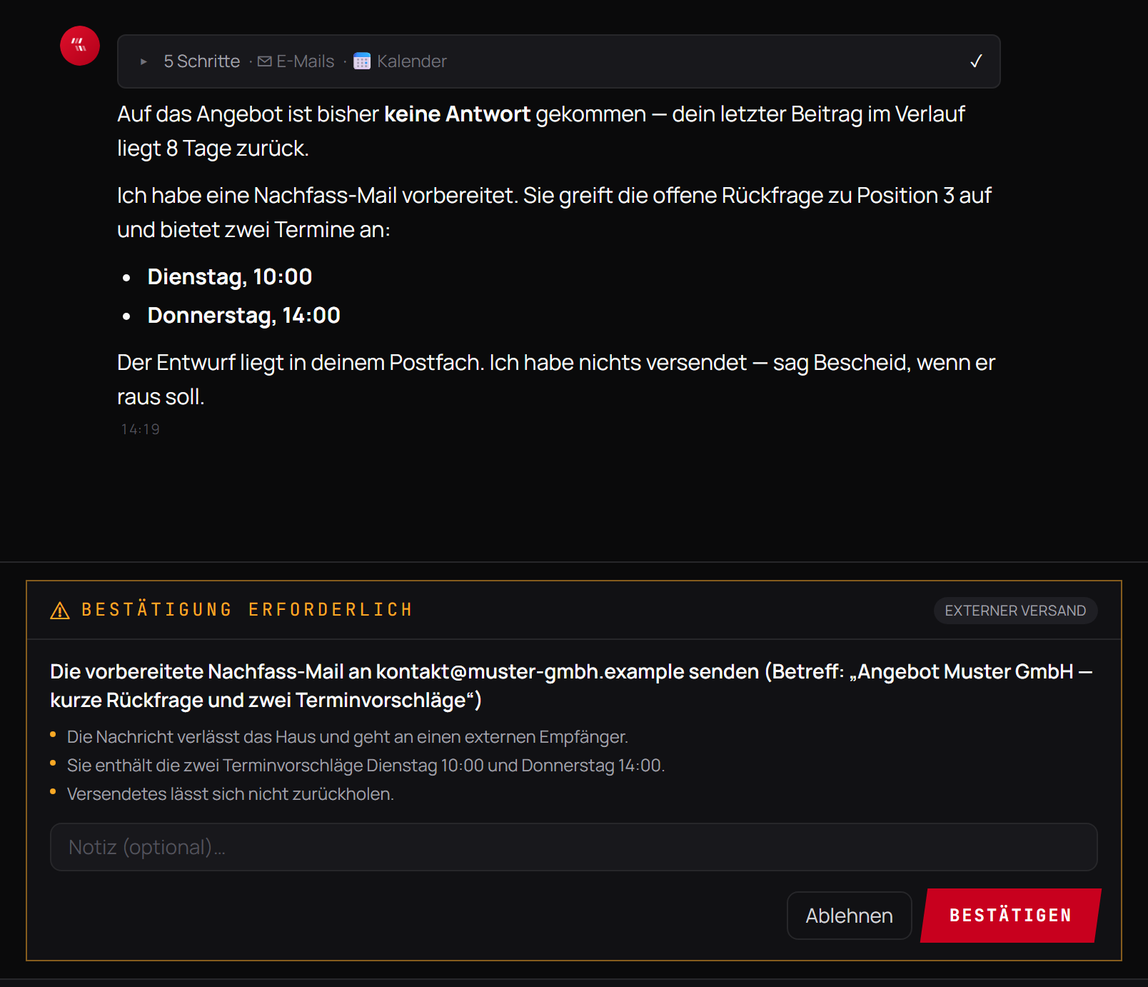 Freigabe-Karte in Helix mit der Überschrift „Bestätigung erforderlich“ und drei genannten Risiken