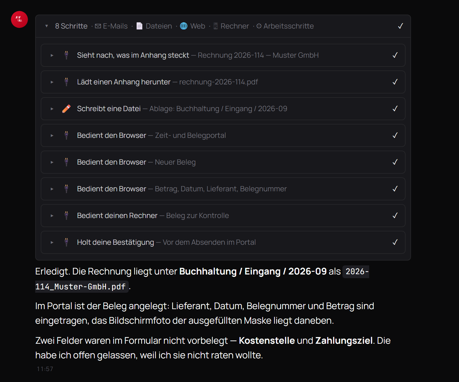 Chat-Ansicht mit acht Arbeitsschritten aus Postfach, Dateiablage, Browser und Rechner
