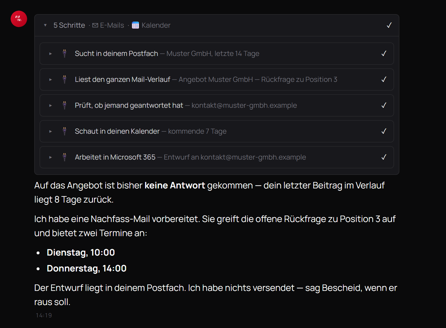 Chat-Ansicht von Helix mit fünf aufgeklappten Arbeitsschritten und der fertigen Antwort