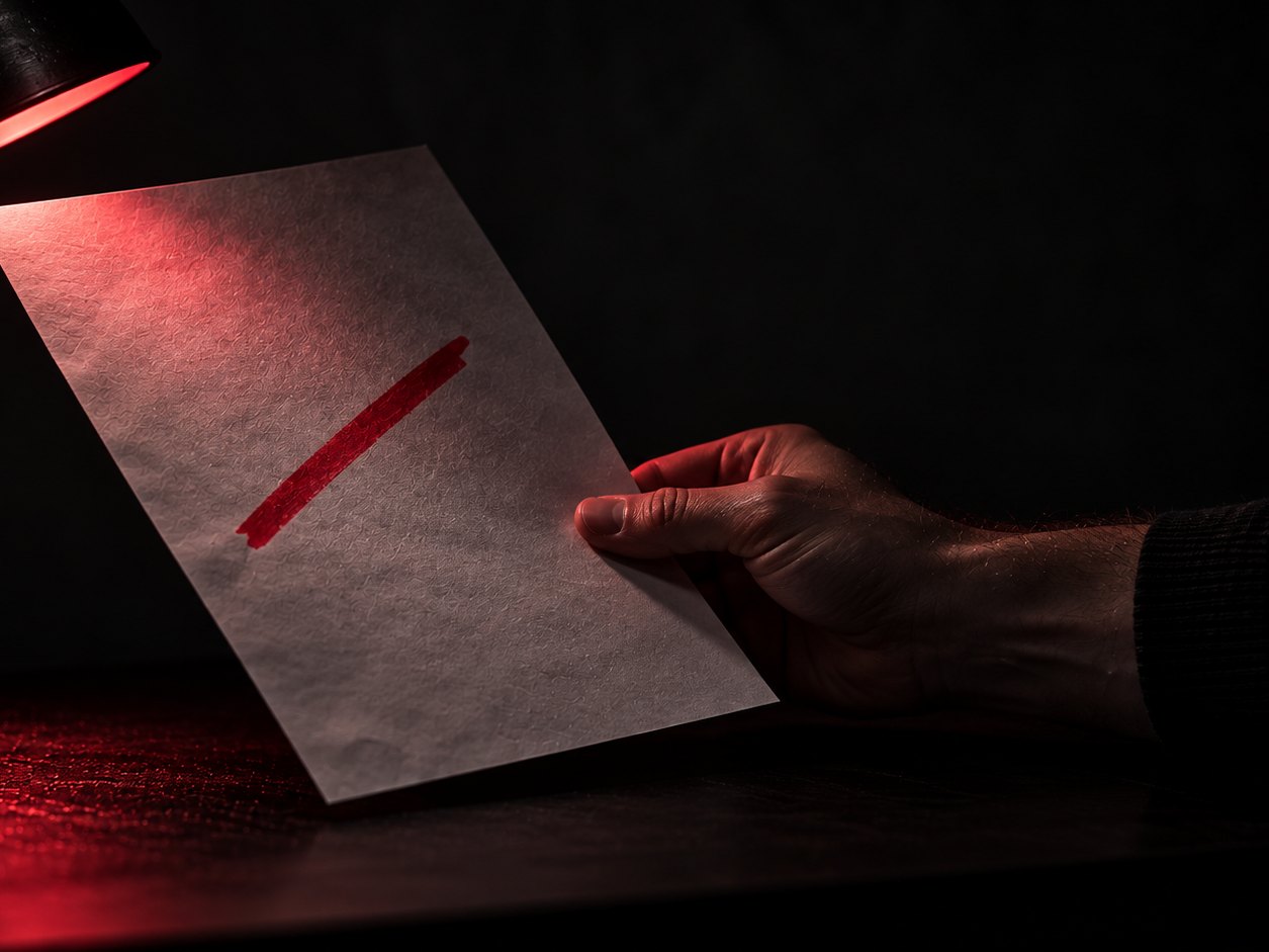 Eine Hand hält ein Blatt Papier schräg ins Streiflicht, um es zu prüfen