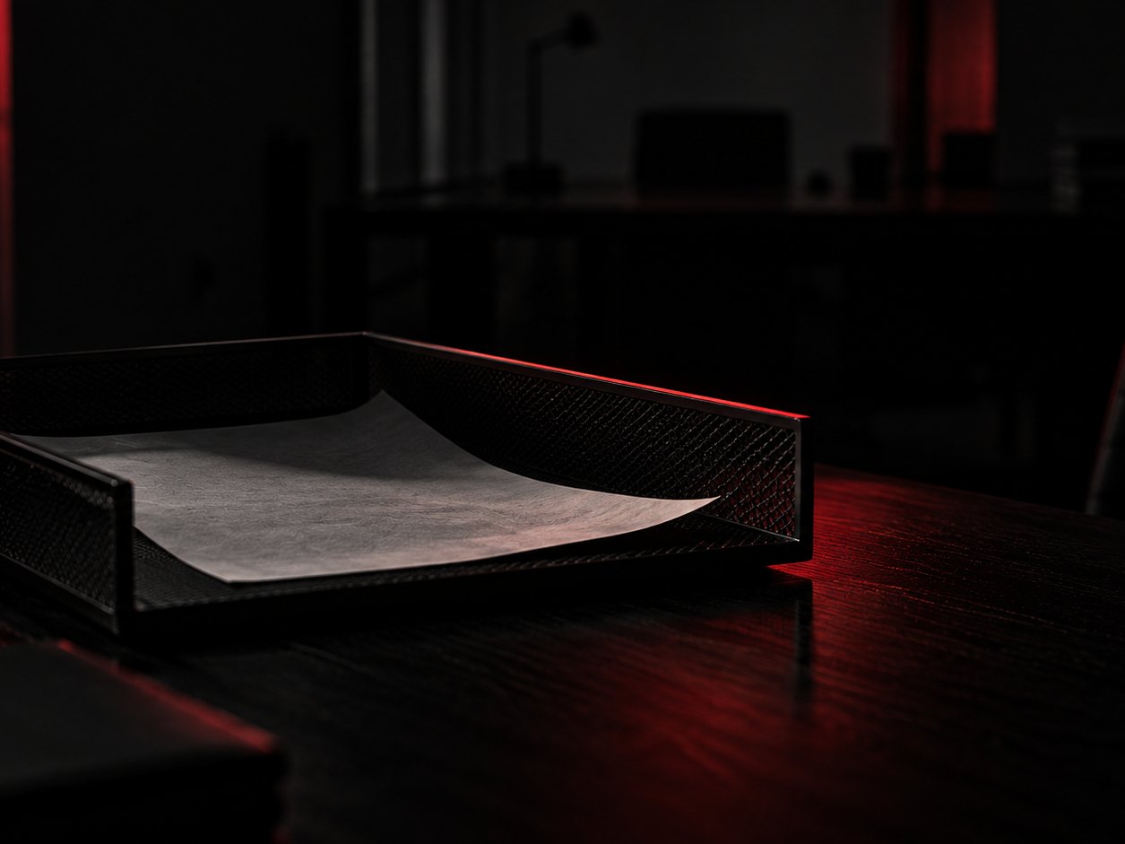Ein einzelnes Blatt liegt vergessen in einer Ablageschale im Halbdunkel