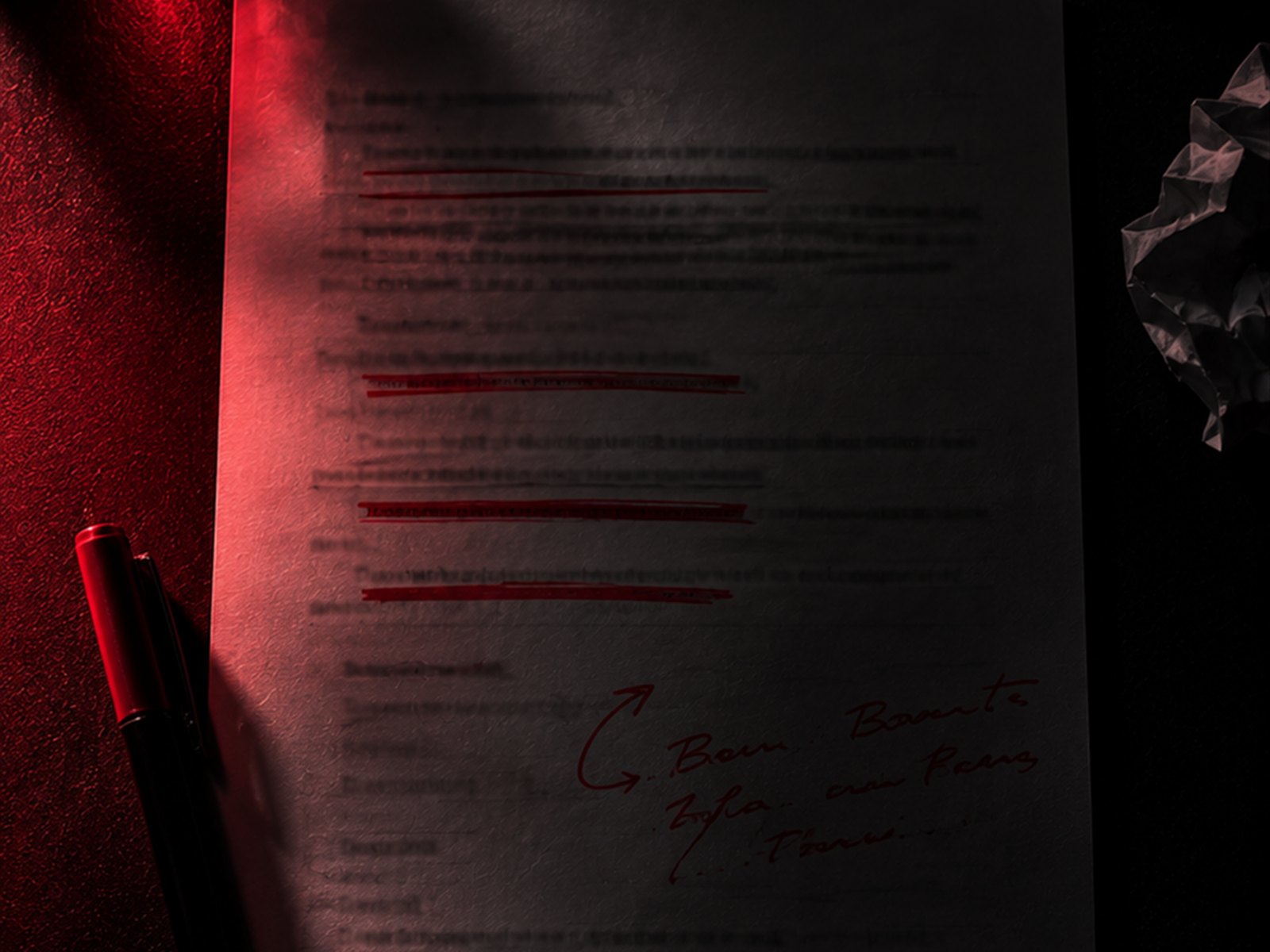 Ein Blatt Papier mit roten Durchstreichungen und handschriftlichen Notizen