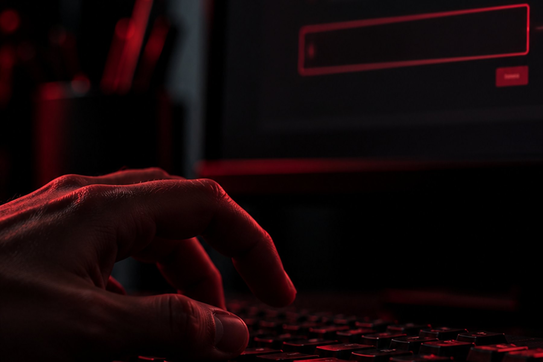 Eine Hand über einer beleuchteten Tastatur im Halbdunkel