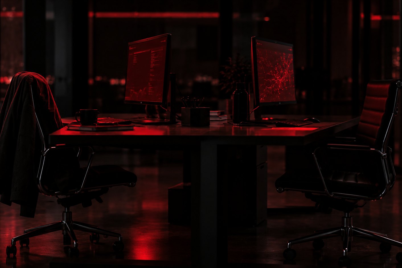 Ein leeres Büro bei Nacht, zwei Arbeitsplätze an einem Tisch