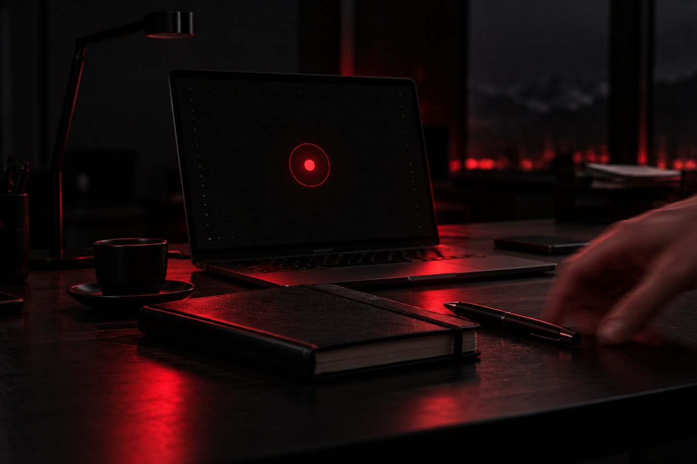 Ein Schreibtisch am Abend, ein aufgeklappter Laptop, eine Hand greift nach einem Stift
