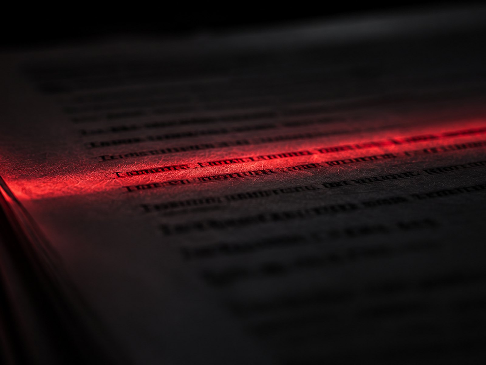 Makroaufnahme einer bedruckten Seite, ein roter Lichtstreifen hebt eine Zeile hervor