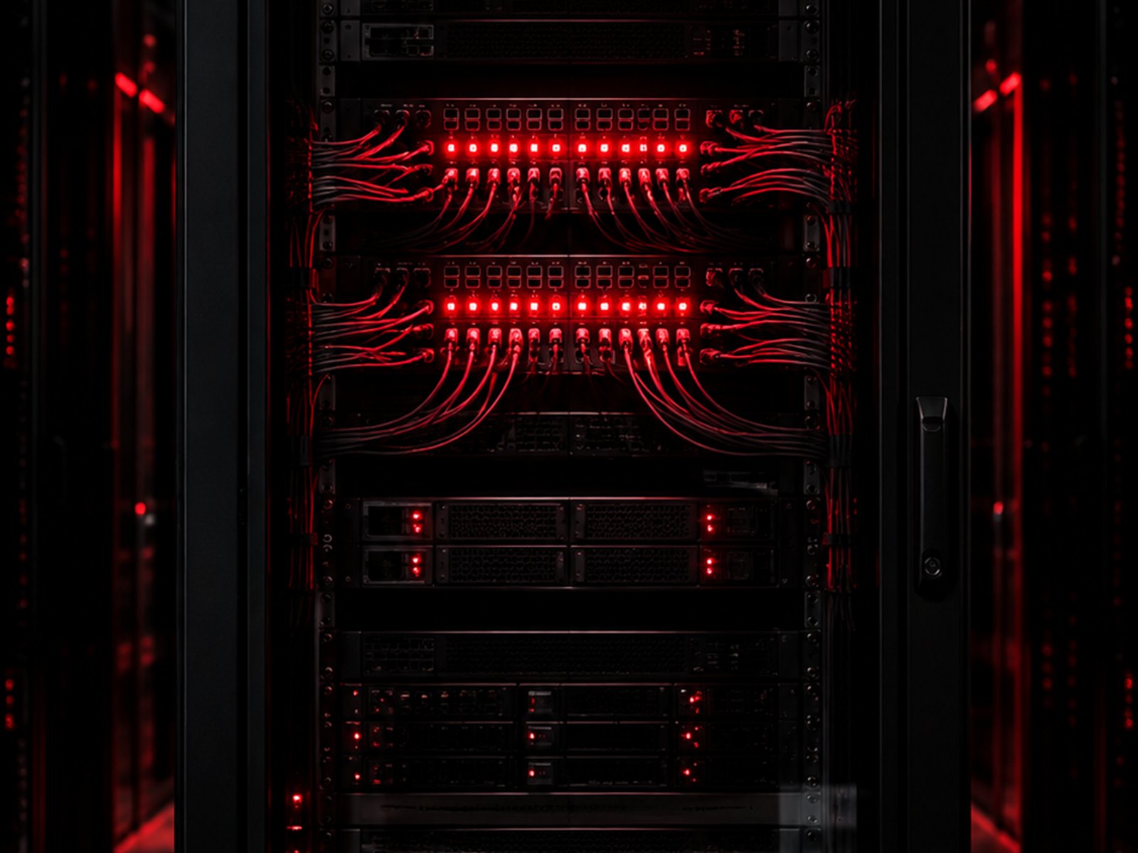 Serverschrank mit Patchfeldern und einer Reihe roter Statusleuchten