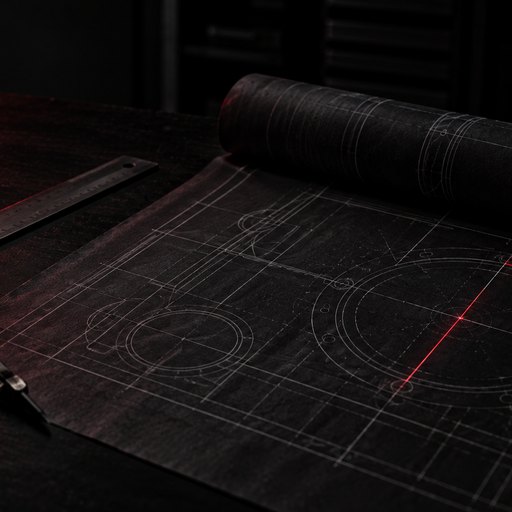 Ein technischer Bauplan auf einem dunklen Zeichentisch, daneben Maßstab und Zirkel