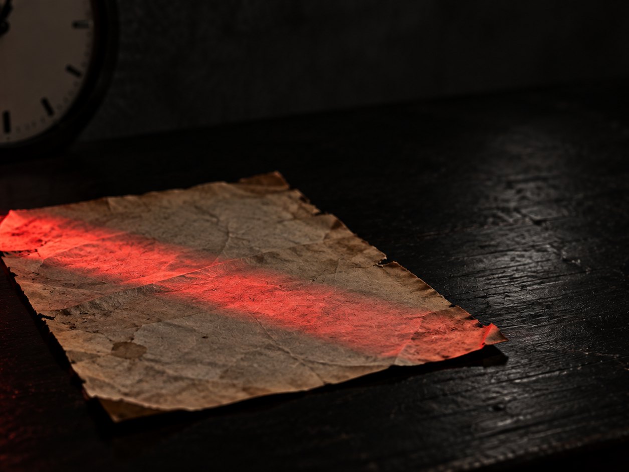 Ein vergilbter Papierausdruck auf dunklem Tisch, daneben unscharf eine Wanduhr