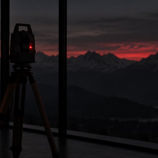 Ein Vermessungsstativ im Halbdunkel vor einem Fenster mit Bergpanorama