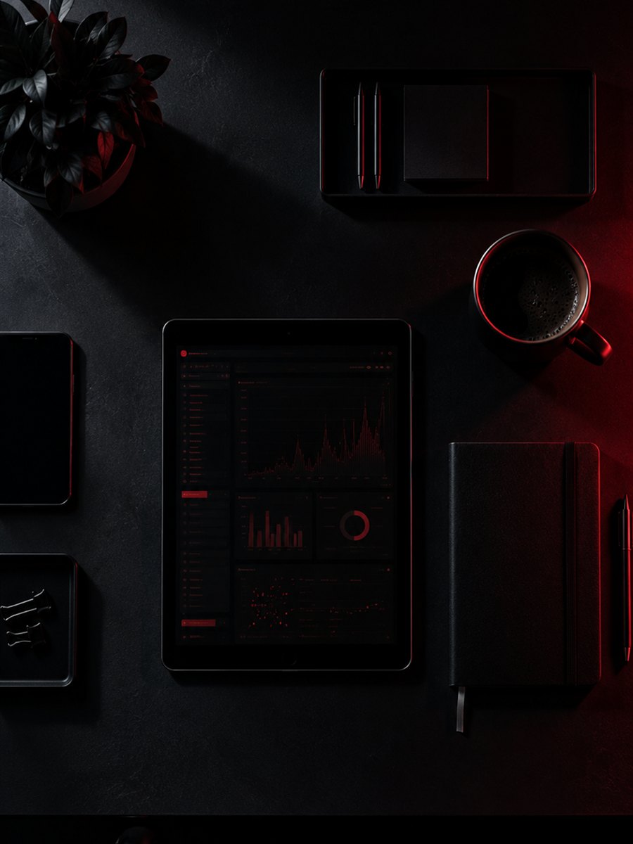 Ein Tablet auf einem dunklen Tisch, daneben Notizbuch und Tasse, von oben