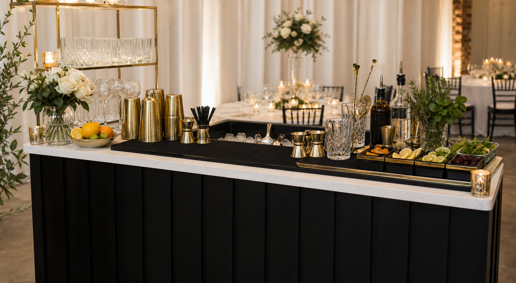 Elegant mobile bar setup with glassware and cocktail tools