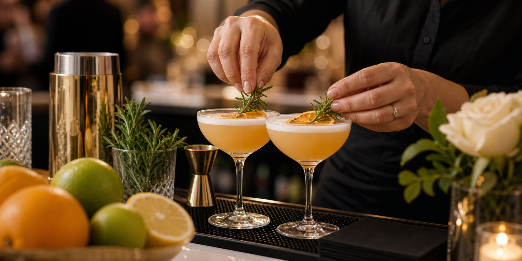 Bartender garnishing signature cocktails at an event bar