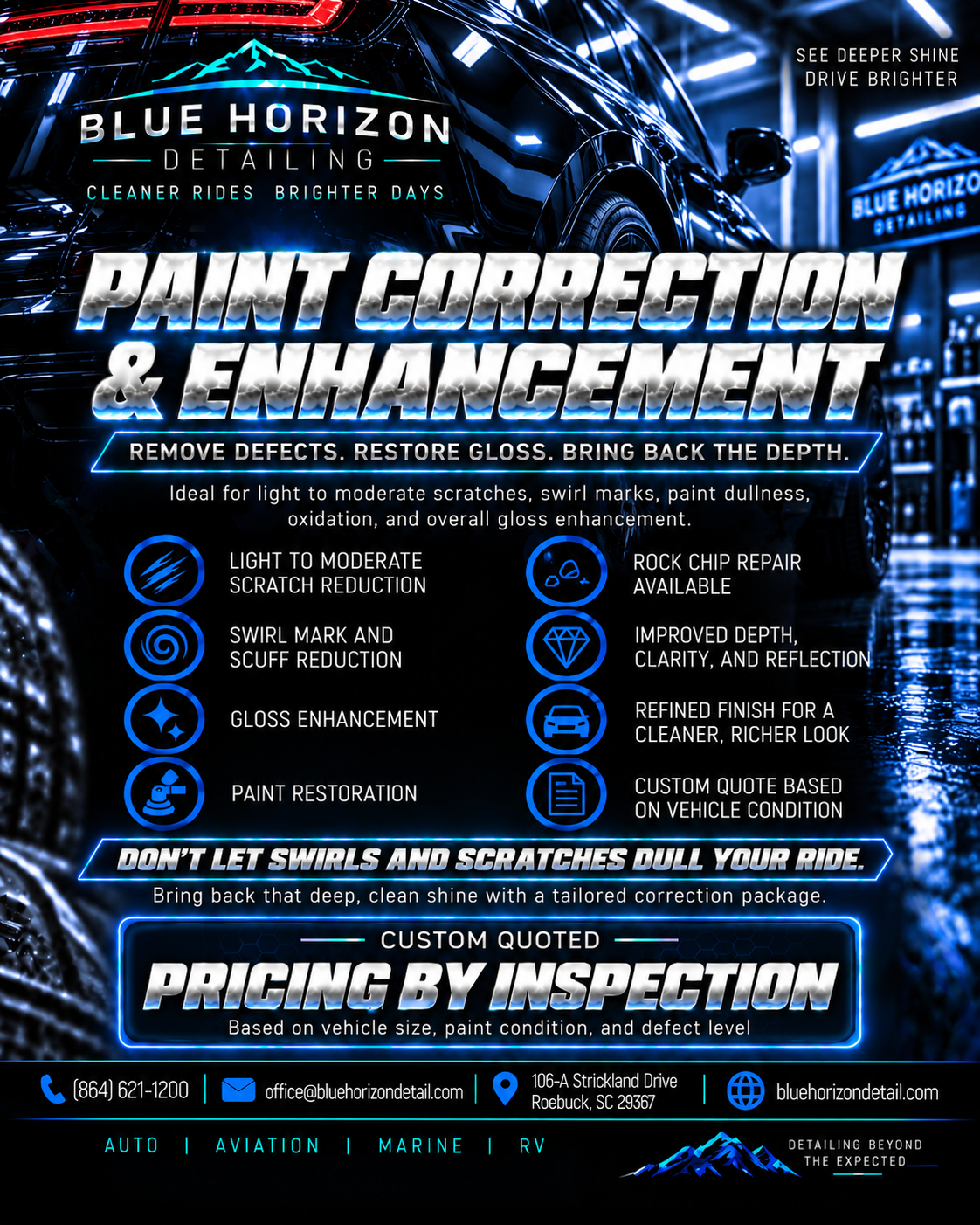 Paint Correction & Enhancement package graphic with pricing and inclusions
