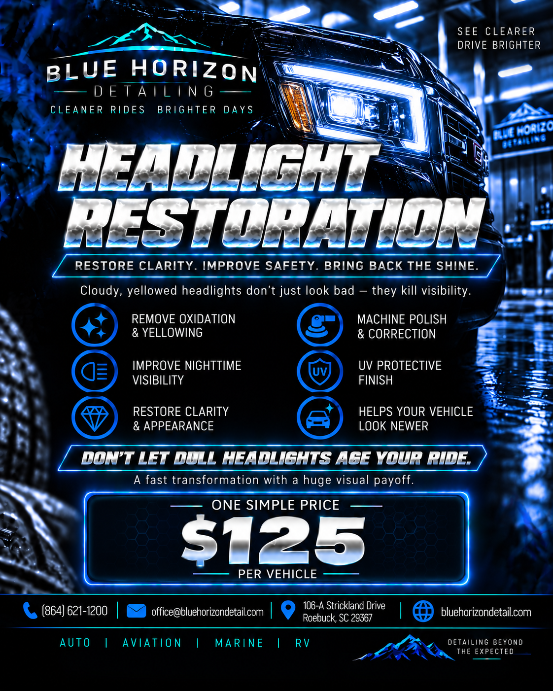 Mobile Headlight Restoration package graphic with pricing and inclusions