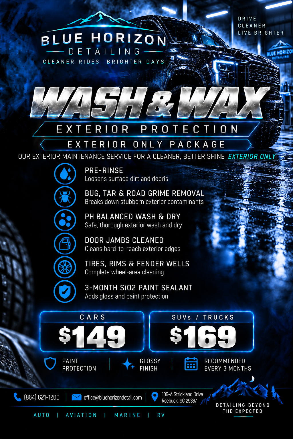 Wash & Wax package graphic with pricing and inclusions