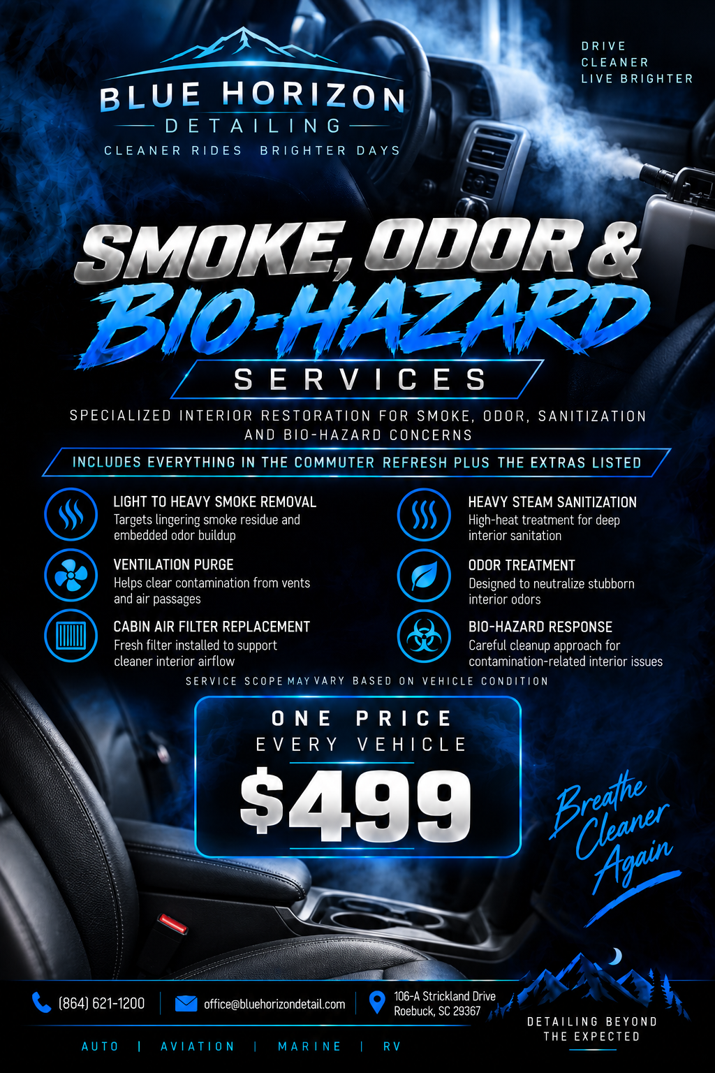 Smoke / Odor / Biohazard package graphic with pricing and inclusions
