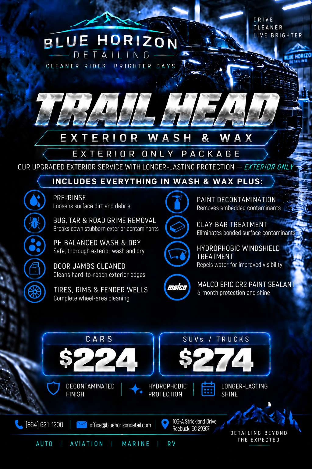 Trail Head Exterior package graphic with pricing and inclusions