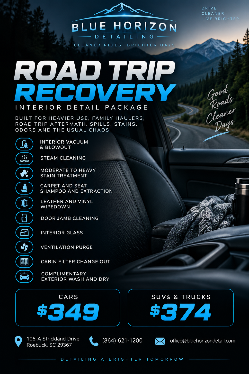Road Trip Recovery package graphic with pricing and inclusions