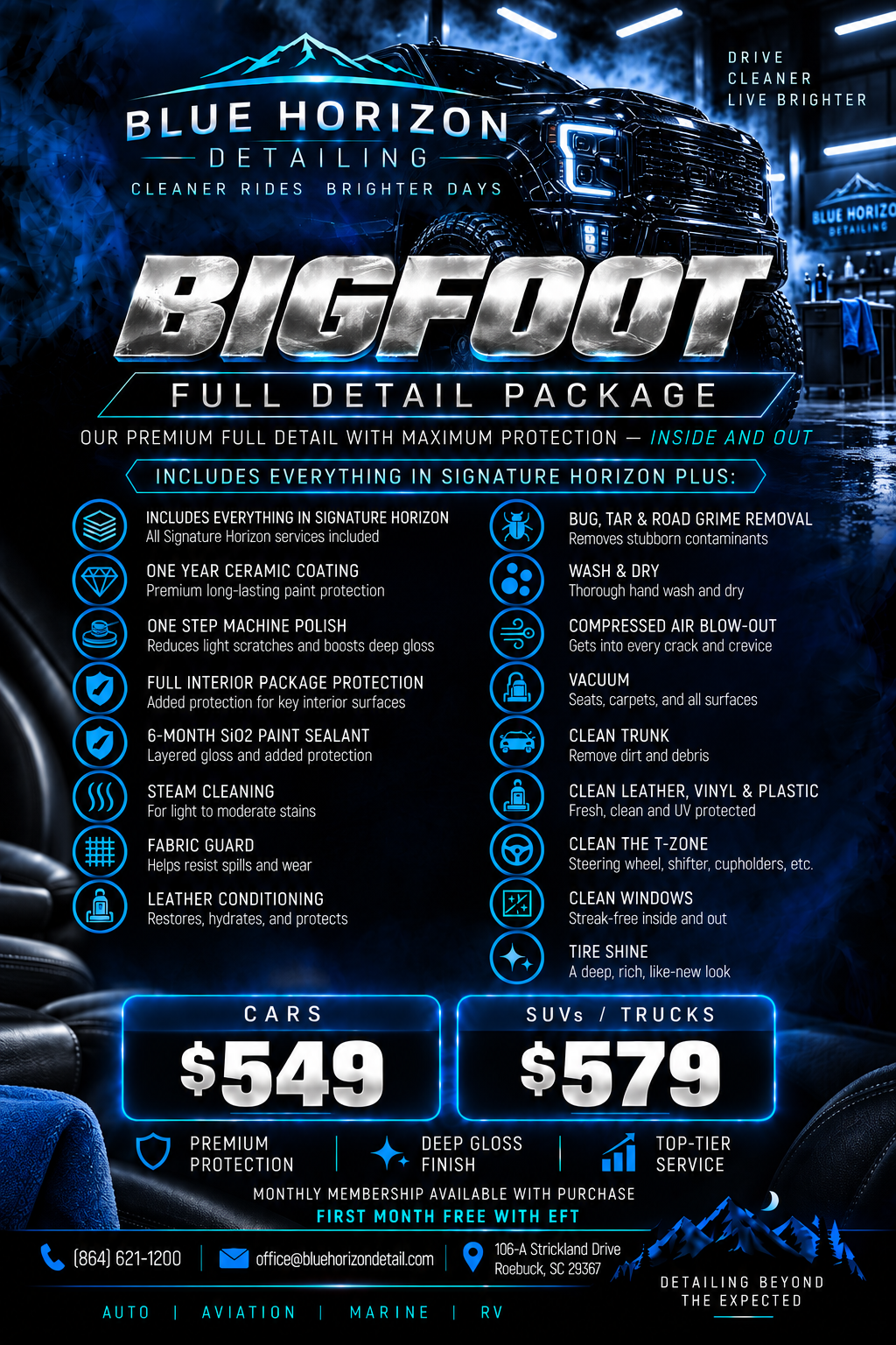 Bigfoot package graphic with pricing and inclusions