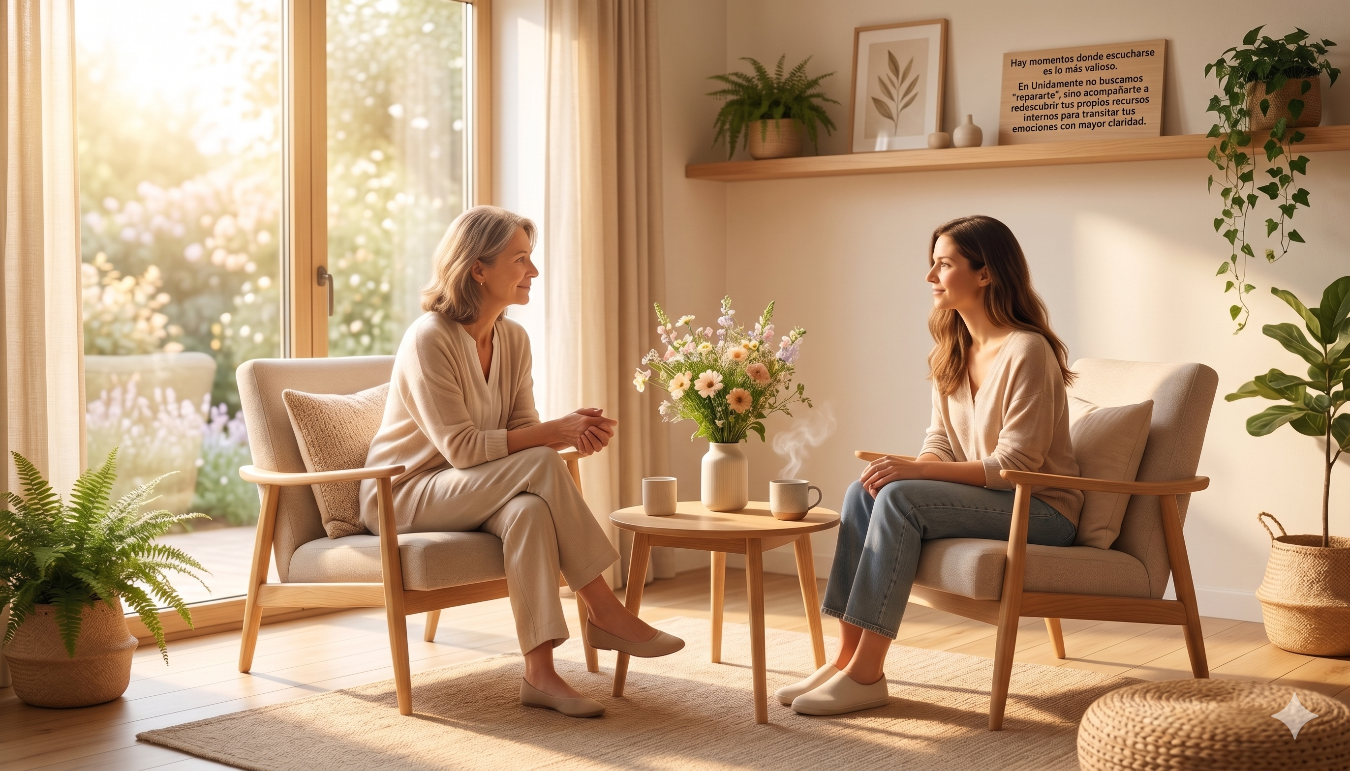 Dos personas en sesion de psicoterapia en un ambiente calido y acogedor