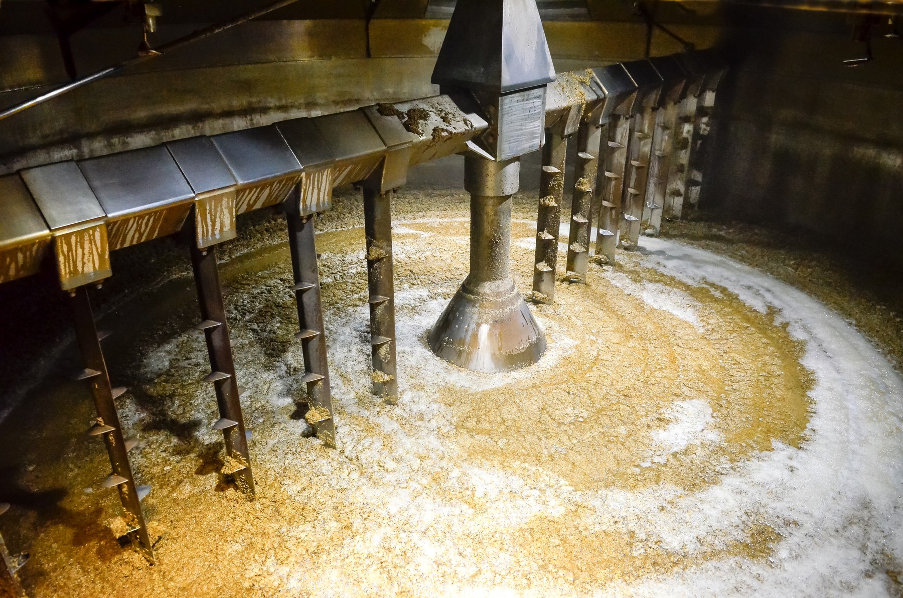 Inside a mash tun: water and malted grain together, where mineral content determines how cleanly the sugars convert Inside a mash tun: water and malted grain together, where mineral content determines how cleanly the sugars convert