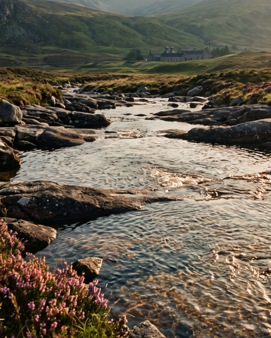 The River Spey cutting through moorland near Dufftown — the water that shapes every drop of Speyside spirit. The River Spey cutting through moorland near Dufftown — the water that shapes every drop of Speyside spirit.