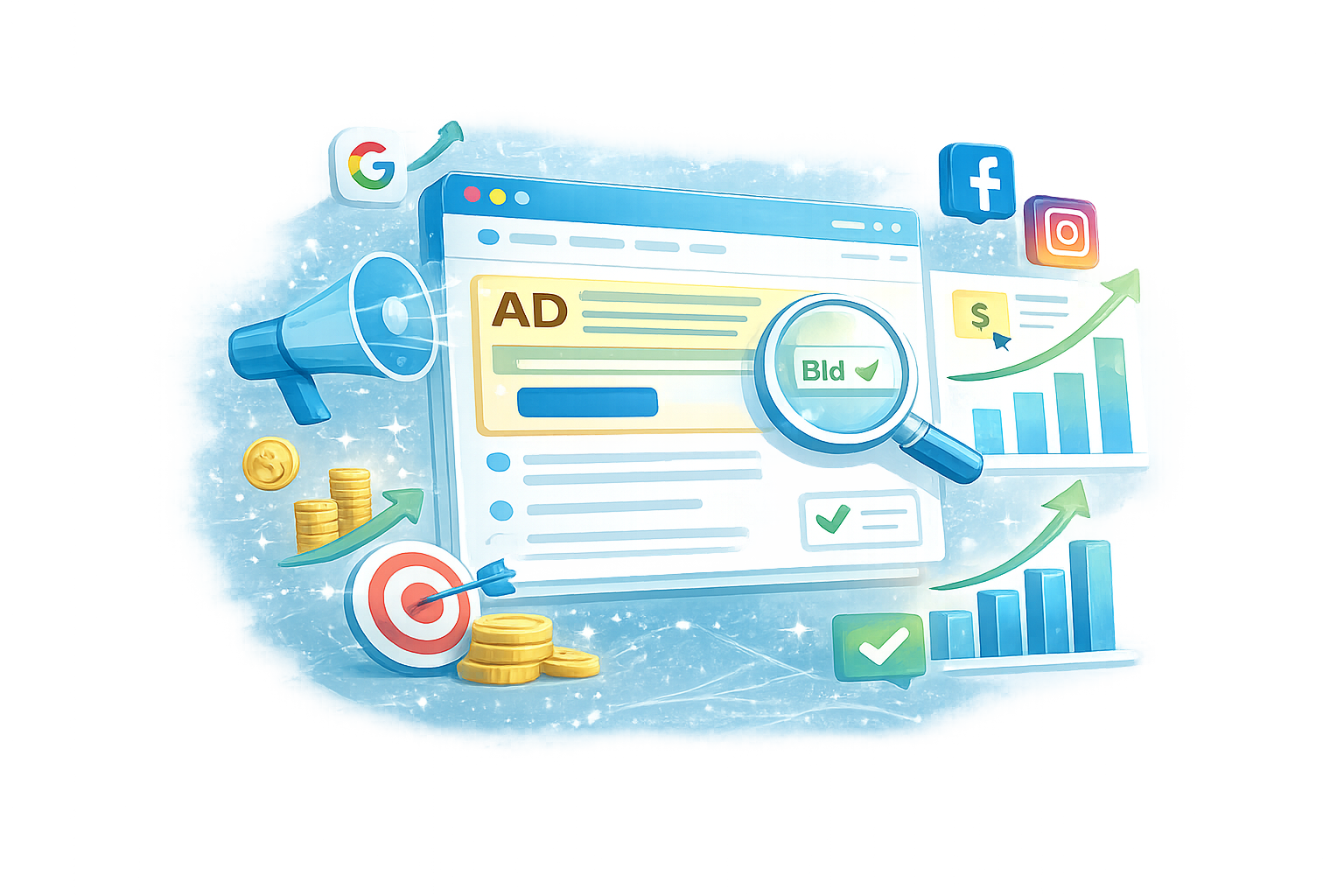 Paid advertising campaign management illustration showing Google Ads, Facebook Ads, and performance tracking.