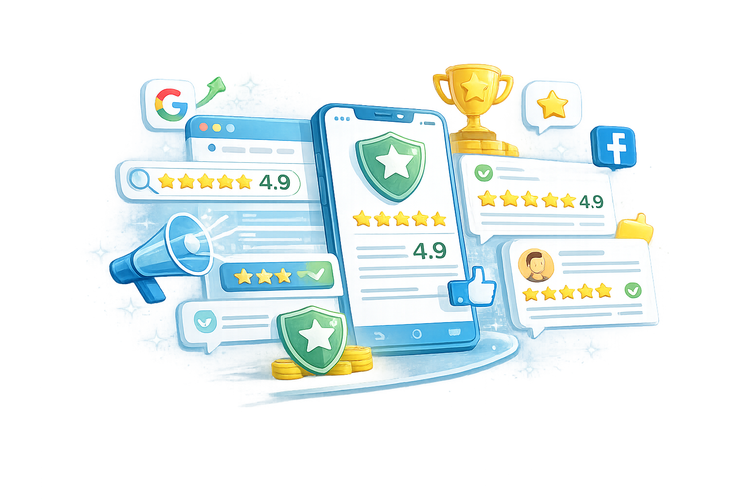 Paid advertising campaign management illustration showing Google Ads, Facebook Ads, and performance tracking.