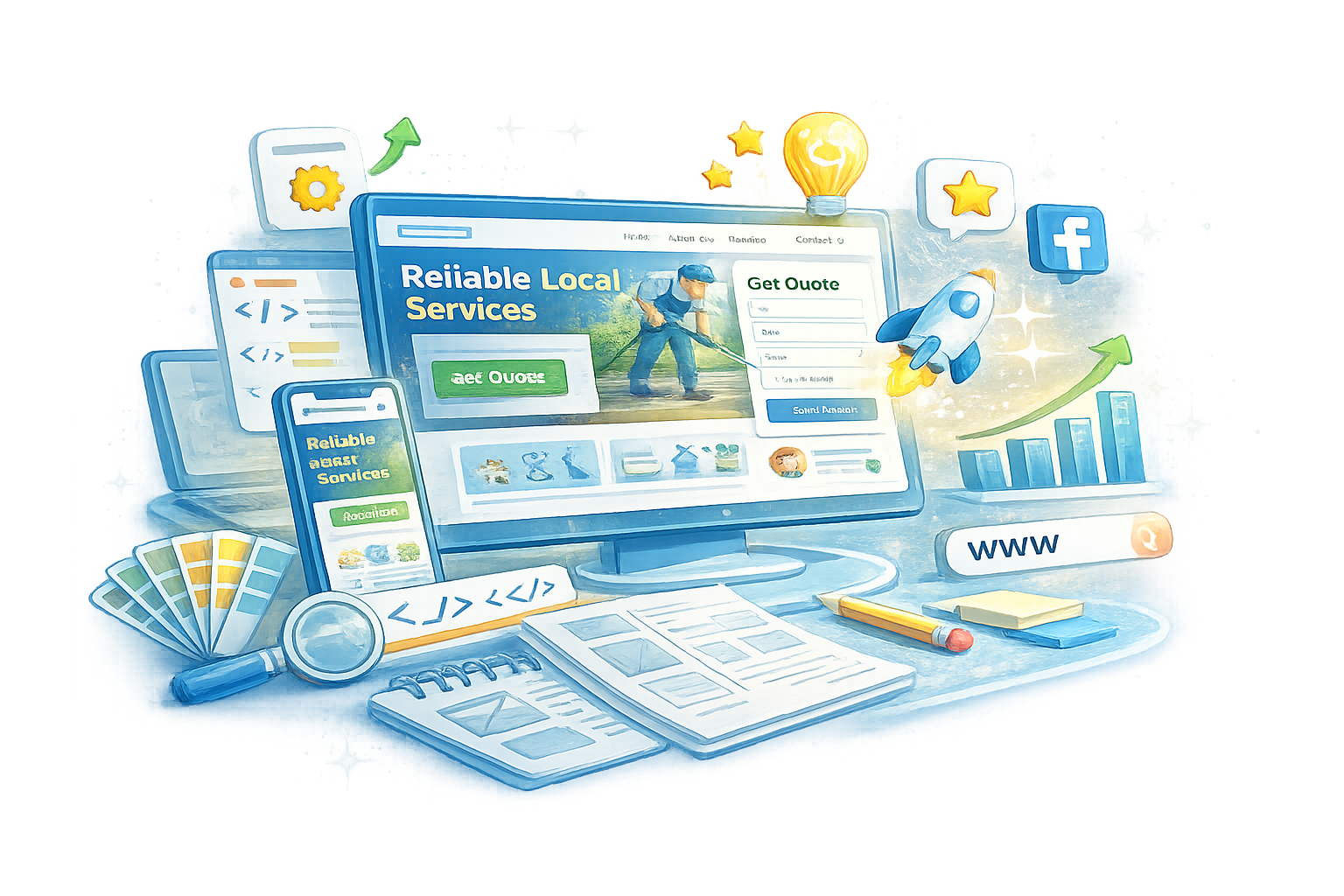 Paid advertising campaign management illustration showing Google Ads, Facebook Ads, and performance tracking.