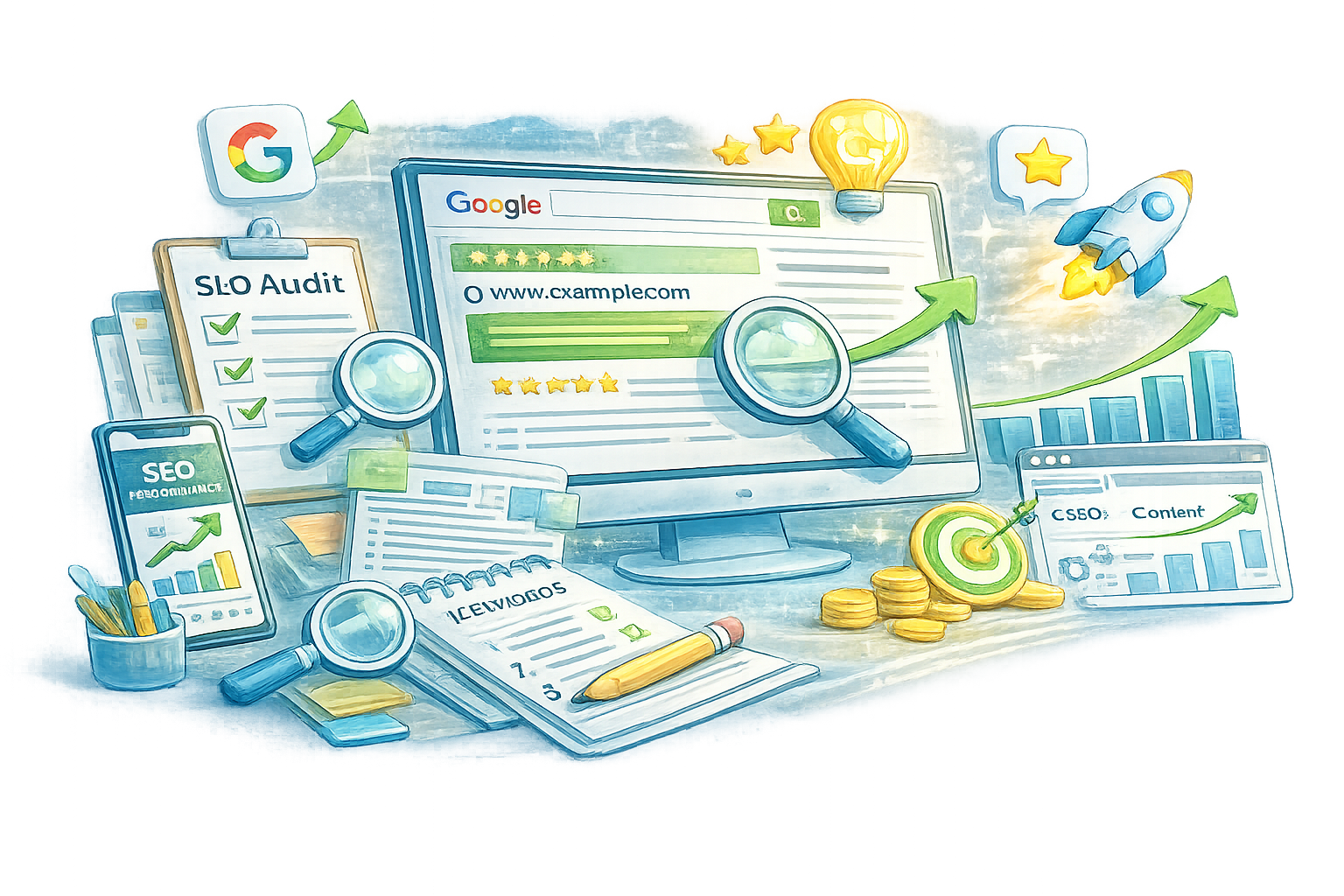 Paid advertising campaign management illustration showing Google Ads, Facebook Ads, and performance tracking.
