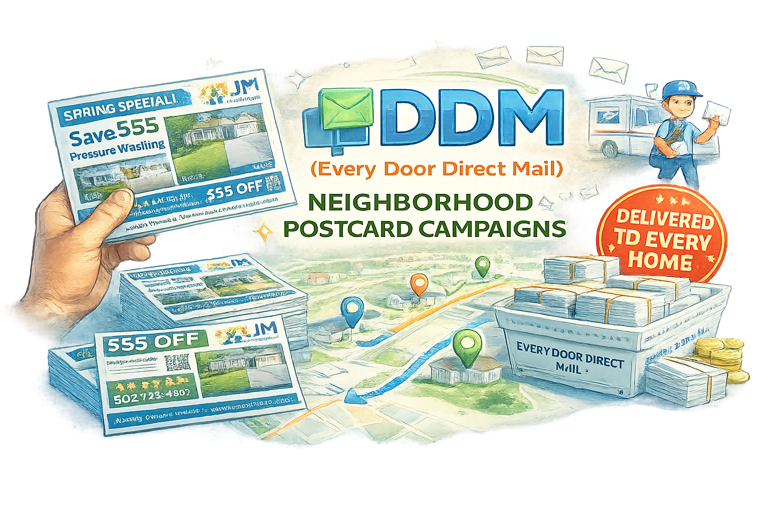 Paid advertising campaign management illustration showing Google Ads, Facebook Ads, and performance tracking.