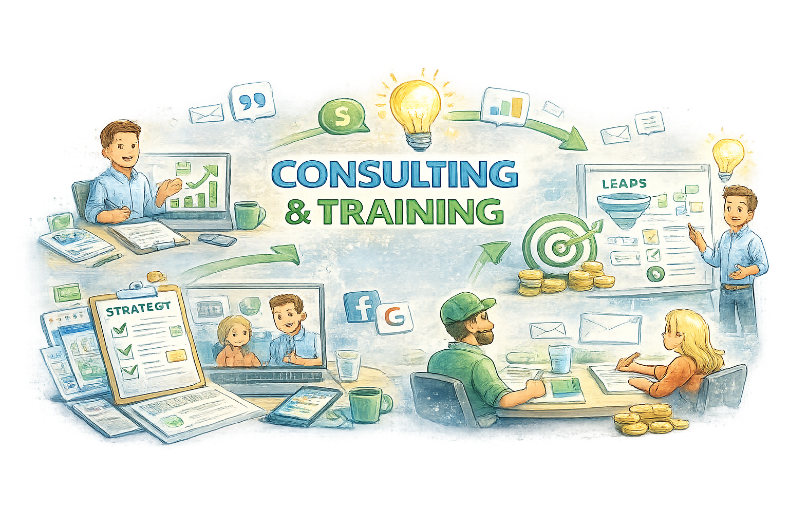 Paid advertising campaign management illustration showing Google Ads, Facebook Ads, and performance tracking.