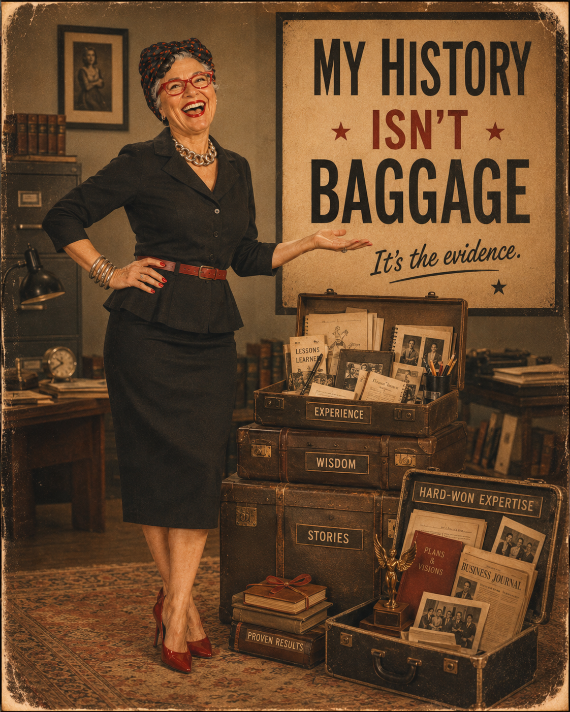 My History Isn't Baggage — vintage illustration of a confident woman carrying her experience