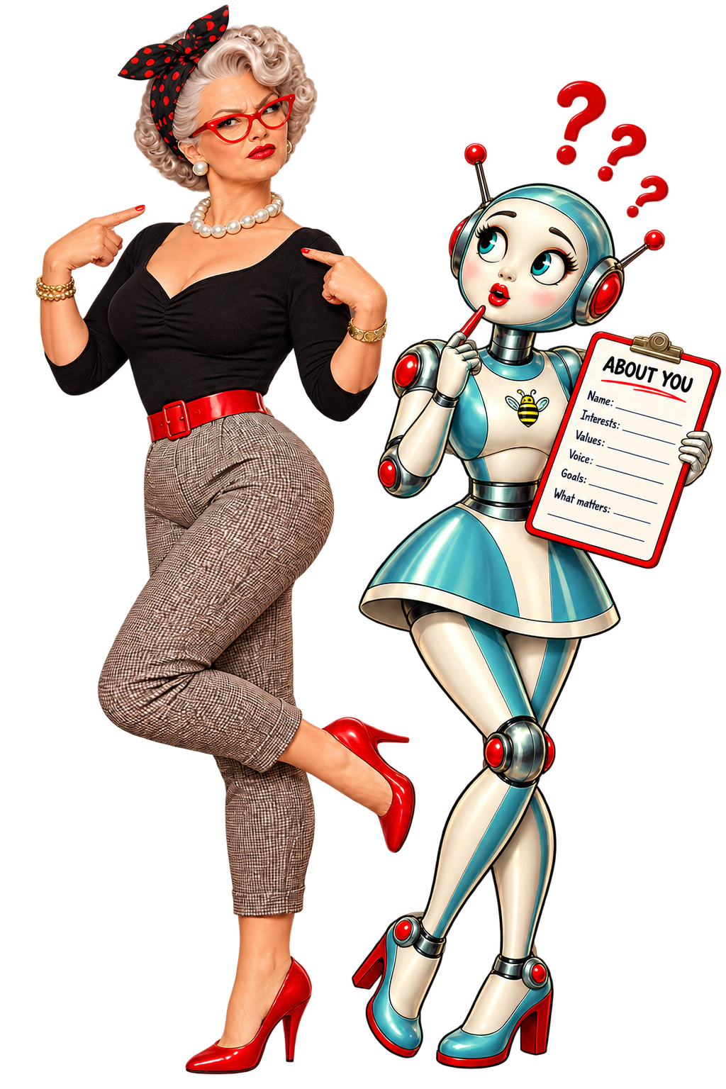 A confident woman with a clipboard labeled ABOUT YOU standing beside a bewildered robot, illustrating the gap between prompting and context