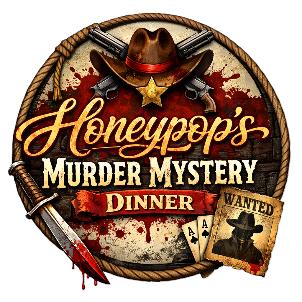 Interior shot of HoneyPop’s saloon set for a mystery dinner with rustic table, lanterns, and actors in Western attire.