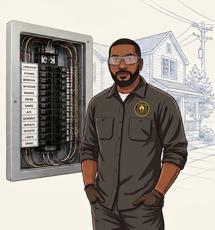 Little Light Electric technician at a labeled breaker panel