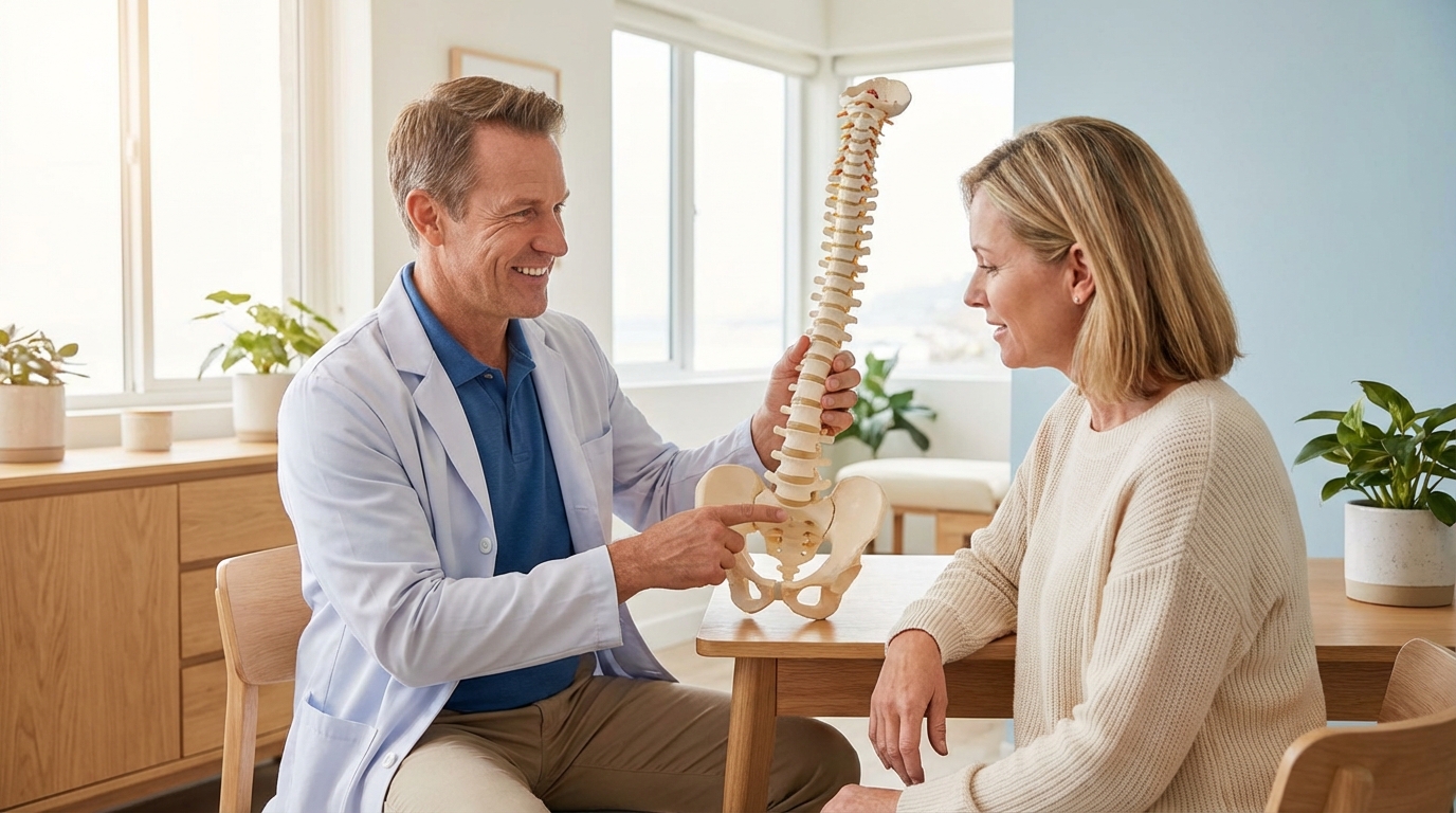 Caucasian chiropractor performing a gentle spinal assessment on a patient in a bright, modern clinic setting. No text in image.