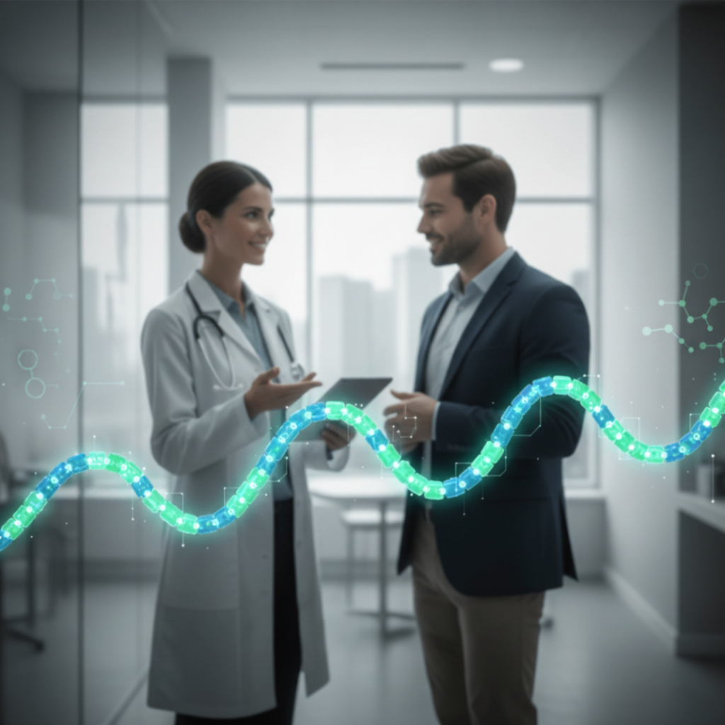 Tirzepatide Image: A clean, professional stylized representation of a peptide chain glowing in blue and green hues, overlaid on a subtle doctor-patient discussion in a modern clinic, avoiding overt needles, conveying innovation and trust.