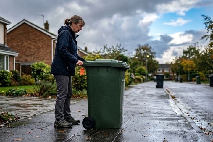 A homeowner inspecting a curbside bin following weather delays to the tucson trash schedule.