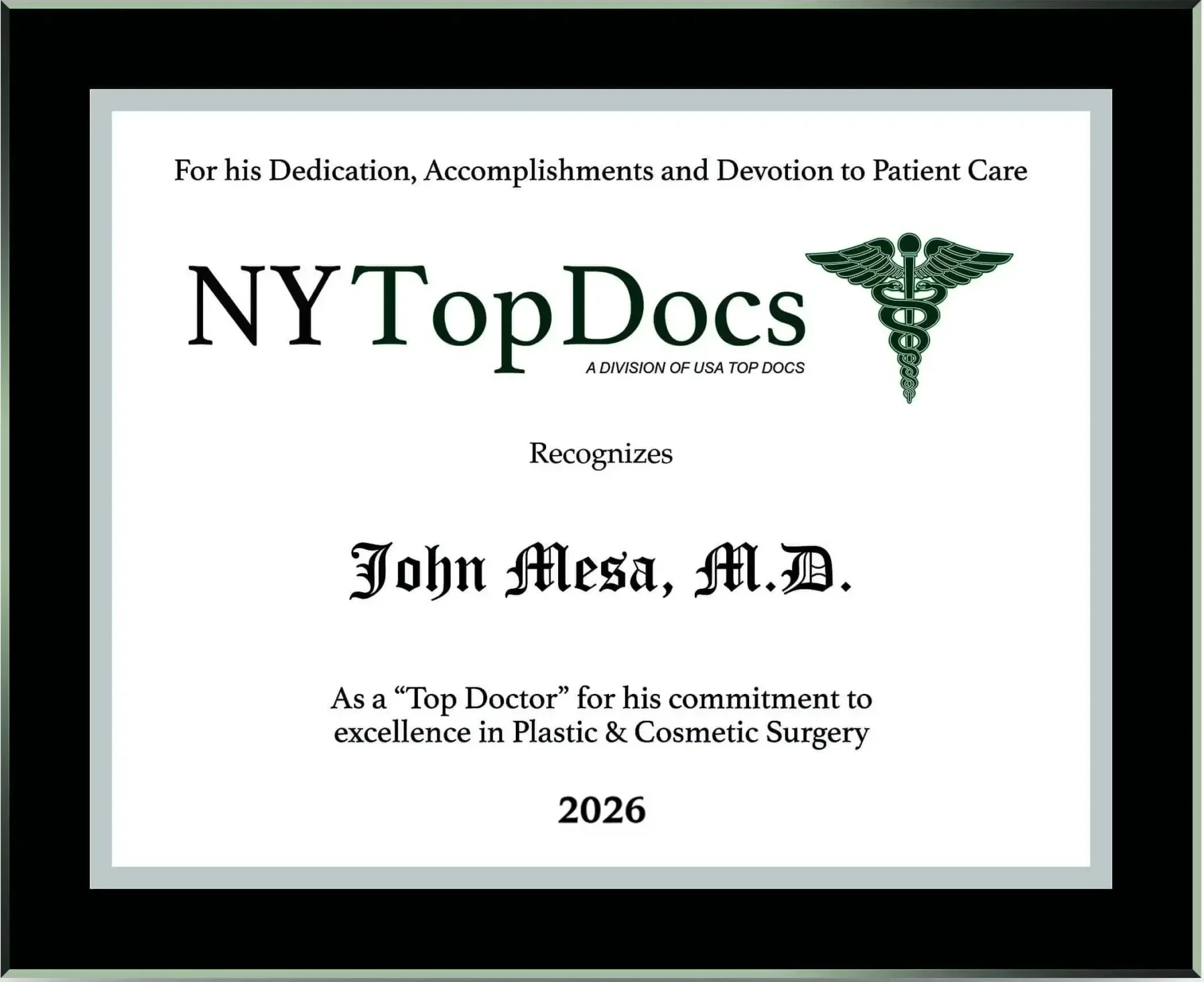 NY Top Docs 2026 recognition, Dr. John Mesa MD board-certified plastic surgeon
