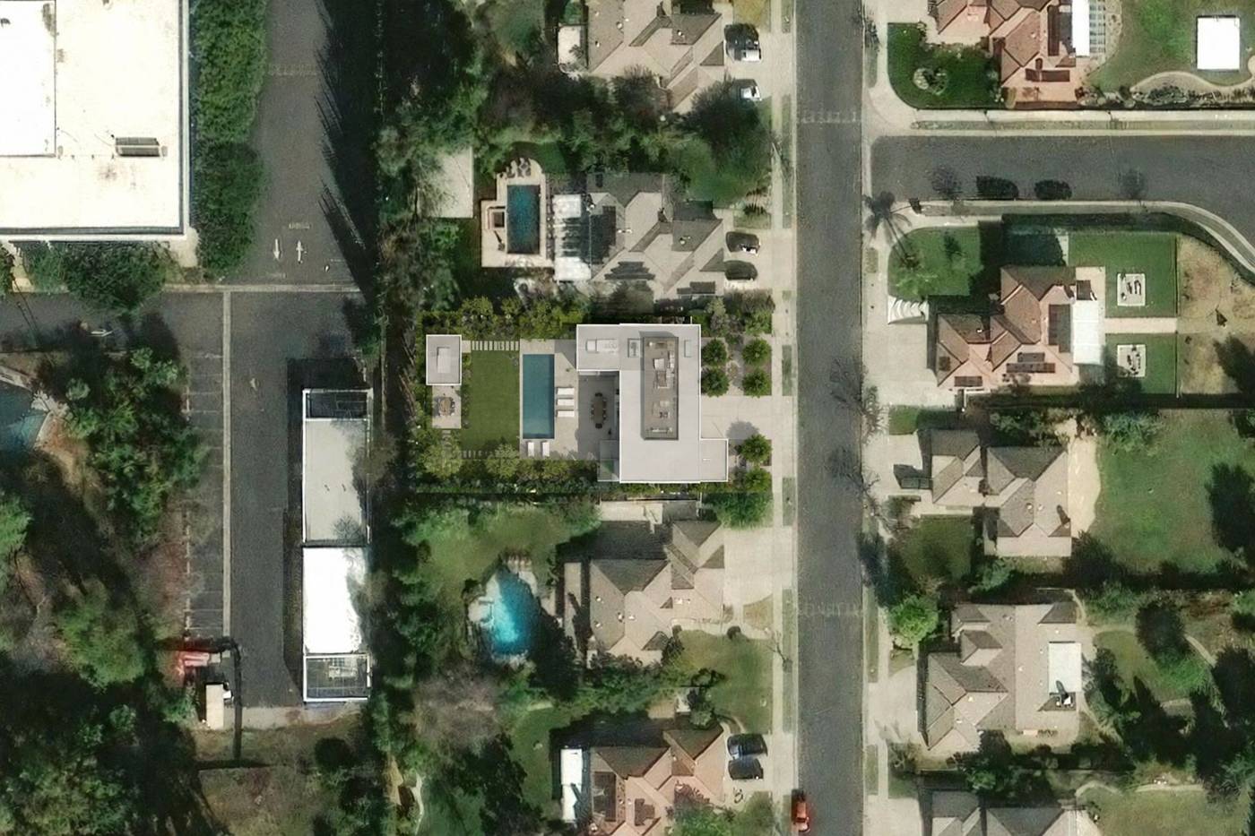 The same satellite view with an AI concept of a new home, pool and guest house