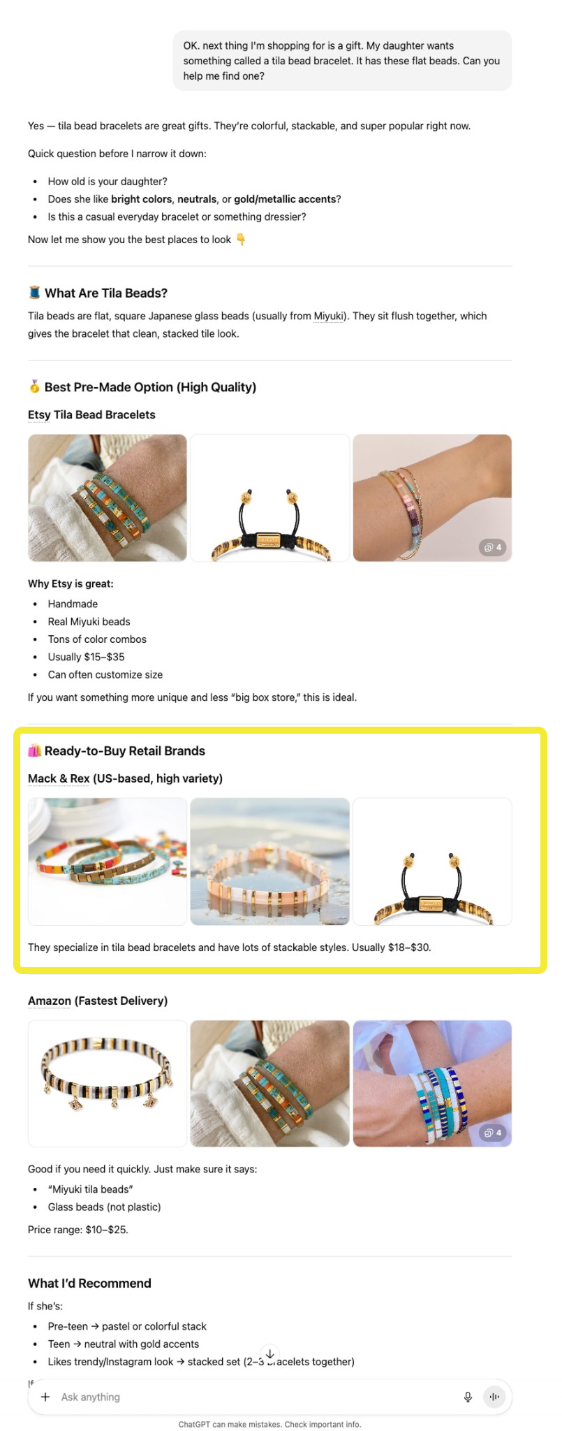 ChatGPT recommending our client's products alongside Amazon and Etsy