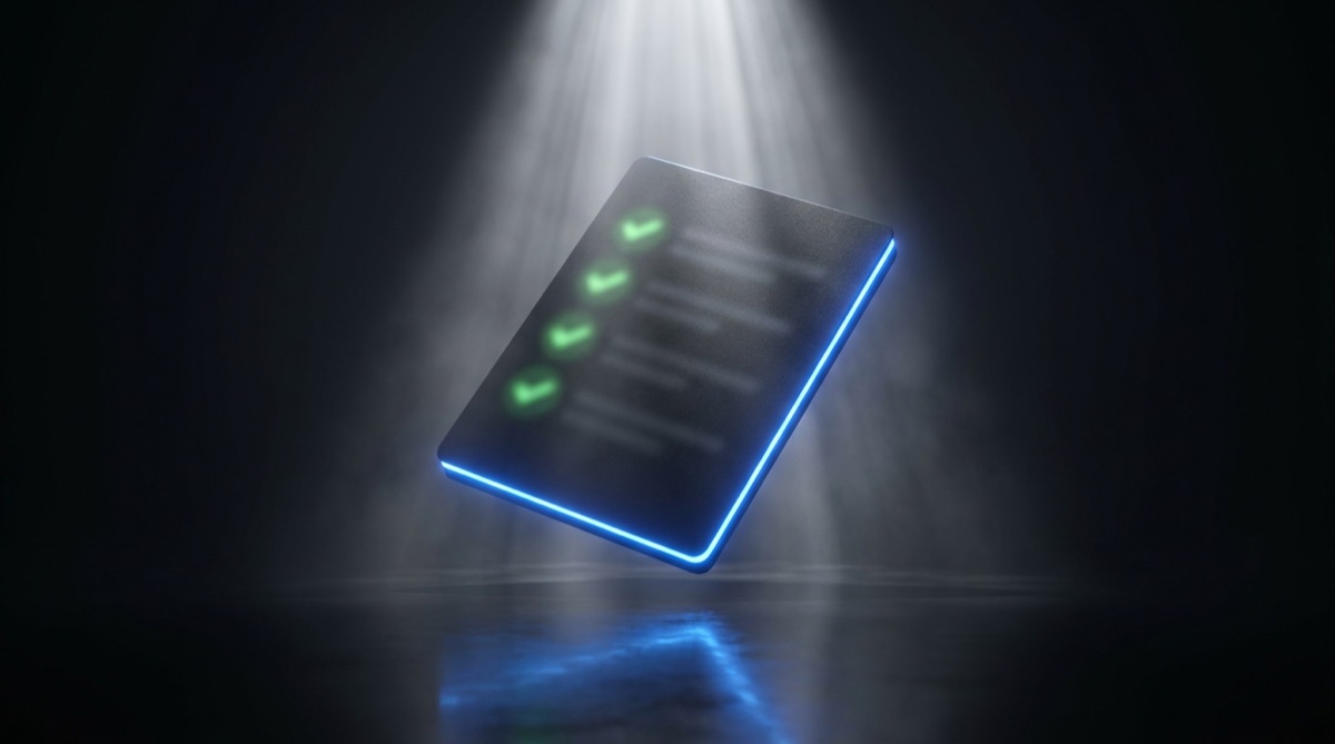 3D render of a dark diagnostic scorecard with glowing green check marks