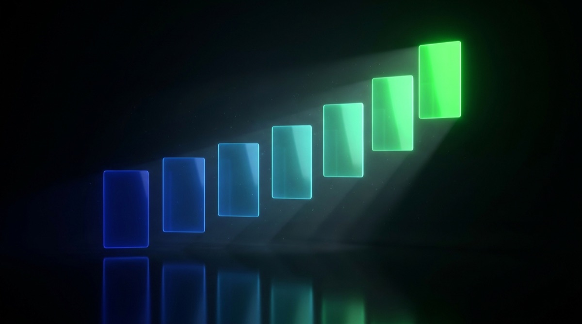 Seven glowing day cards rising from blue to green