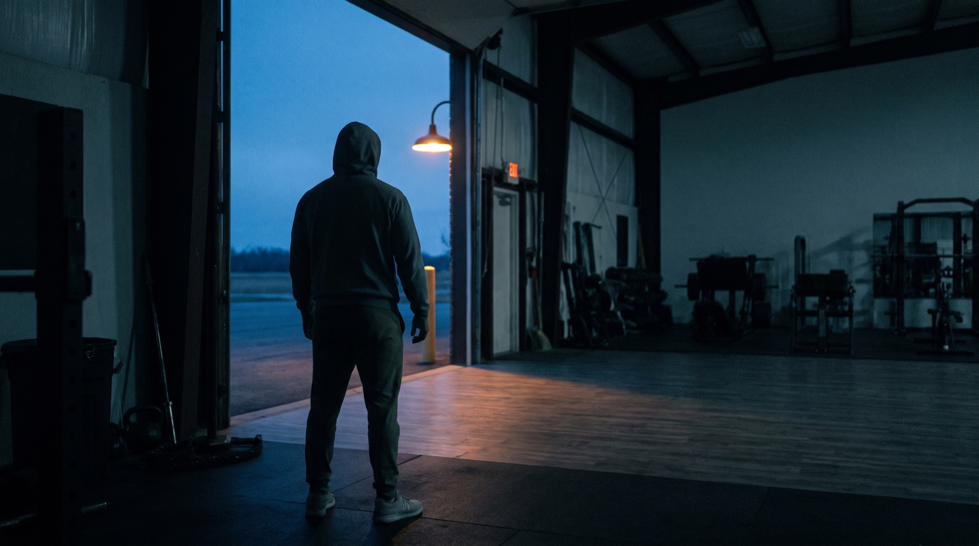 A gym owner standing in the doorway of their facility at first light, looking across an empty training floor