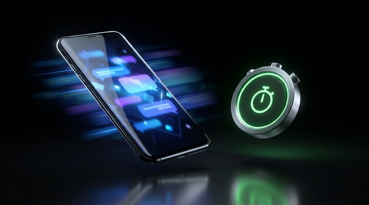 3D render of a phone answering messages at speed beside a glowing stopwatch